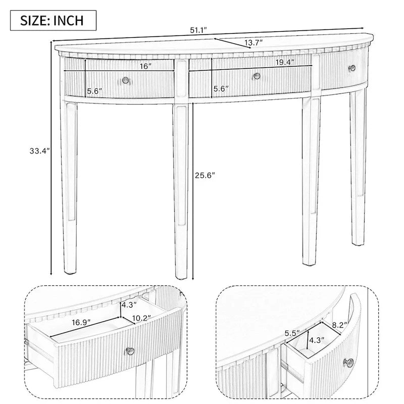 Consolle a mezza luna a 3 cassetti, frontale a righe, gambe in pino – Nero / Bianco antico / Blu marino