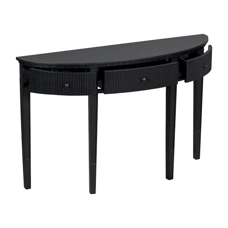 Consolle a mezza luna a 3 cassetti, frontale a righe, gambe in pino – Nero / Bianco antico / Blu marino