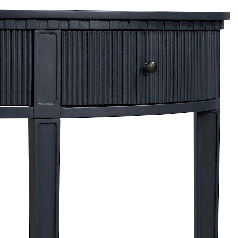 Consolle a mezza luna a 3 cassetti, frontale a righe, gambe in pino – Nero / Bianco antico / Blu marino