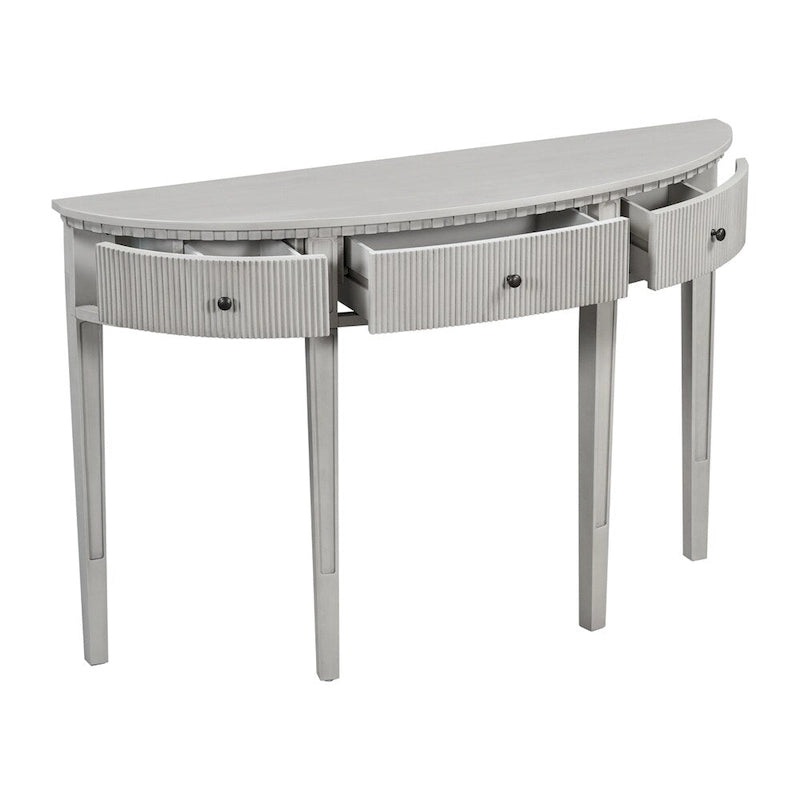 Consolle a mezza luna a 3 cassetti, frontale a righe, gambe in pino – Nero / Bianco antico / Blu marino