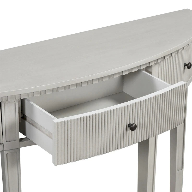 Consolle a mezza luna a 3 cassetti, frontale a righe, gambe in pino – Nero / Bianco antico / Blu marino