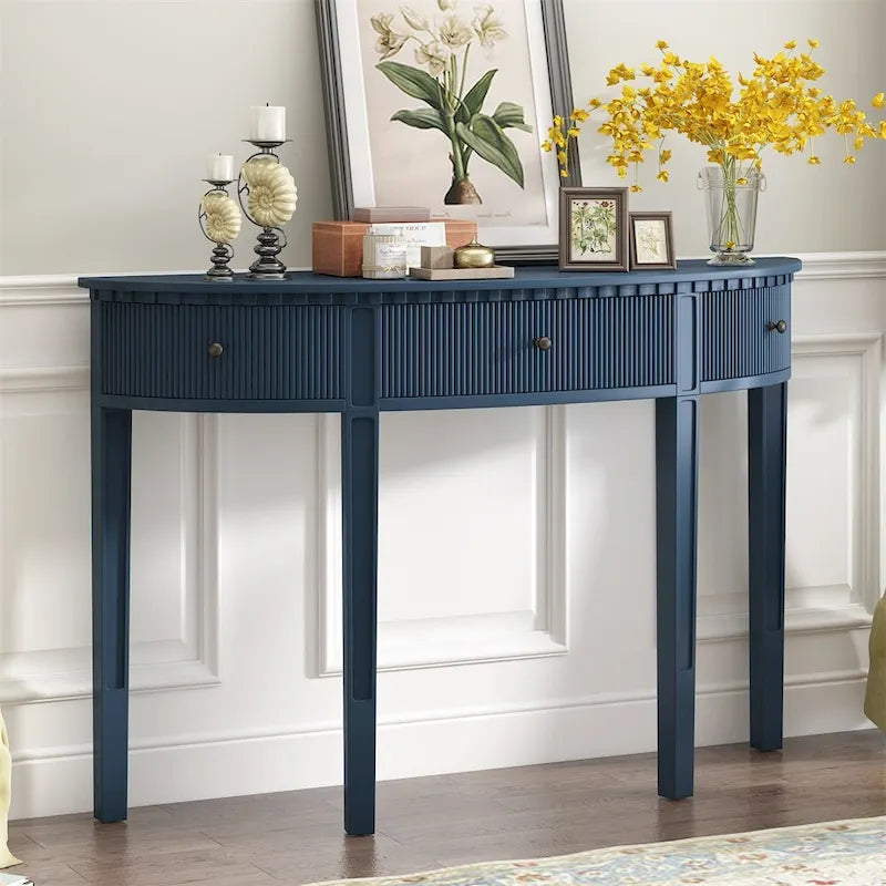 Consolle a mezza luna a 3 cassetti, frontale a righe, gambe in pino – Nero / Bianco antico / Blu marino