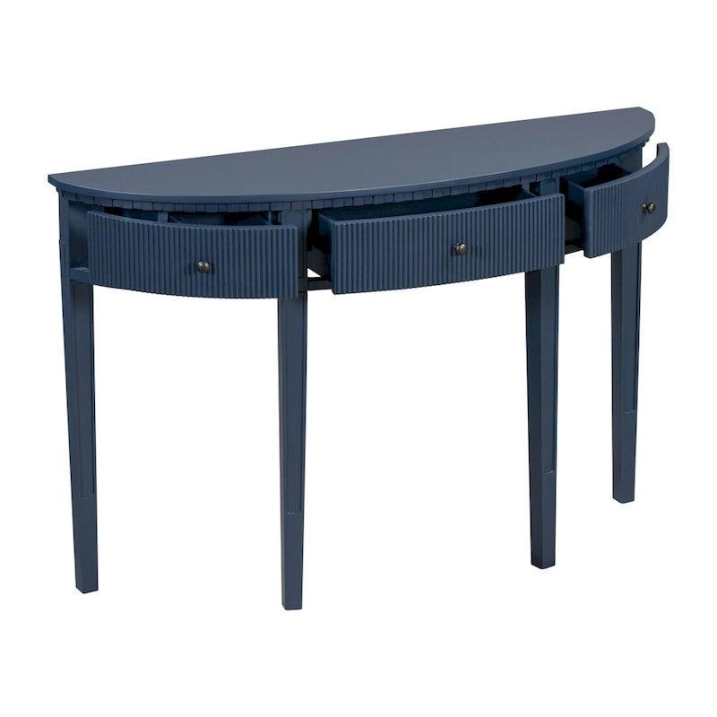 Consolle a mezza luna a 3 cassetti, frontale a righe, gambe in pino – Nero / Bianco antico / Blu marino