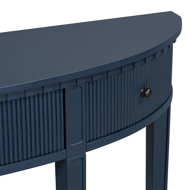 Consolle a mezza luna a 3 cassetti, frontale a righe, gambe in pino – Nero / Bianco antico / Blu marino