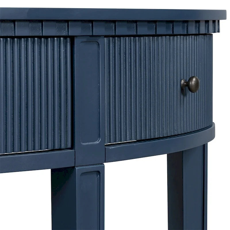 Consolle a mezza luna a 3 cassetti, frontale a righe, gambe in pino – Nero / Bianco antico / Blu marino