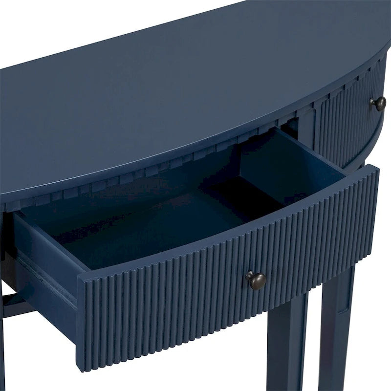 Consolle a mezza luna a 3 cassetti, frontale a righe, gambe in pino – Nero / Bianco antico / Blu marino