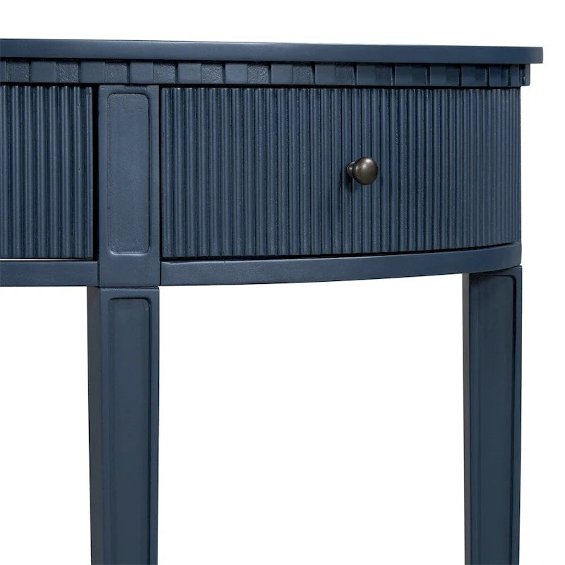 Consolle a mezza luna a 3 cassetti, frontale a righe, gambe in pino – Nero / Bianco antico / Blu marino