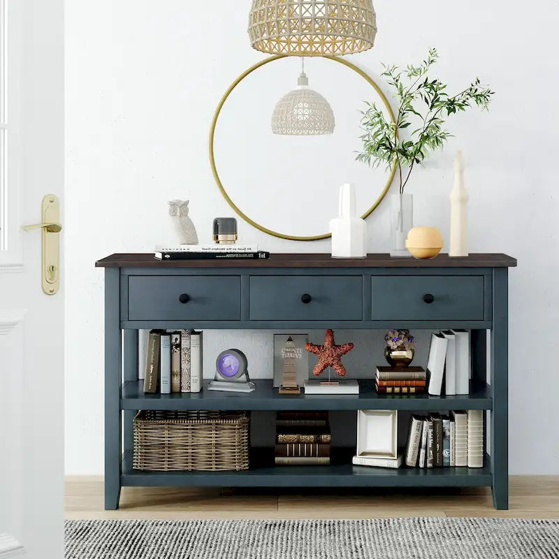 Consolle di metà secolo bianco antico/blu scuro con 3 cassetti e 2 ripiani, struttura in pino, per uso singolo