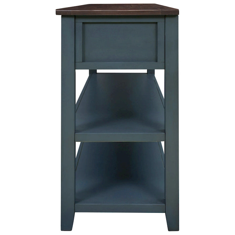 Consolle di metà secolo bianco antico/blu scuro con 3 cassetti e 2 ripiani, struttura in pino, per uso singolo