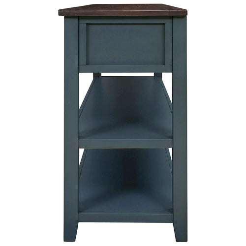 Consolle di metà secolo bianco antico/blu scuro con 3 cassetti e 2 ripiani, struttura in pino, per uso singolo