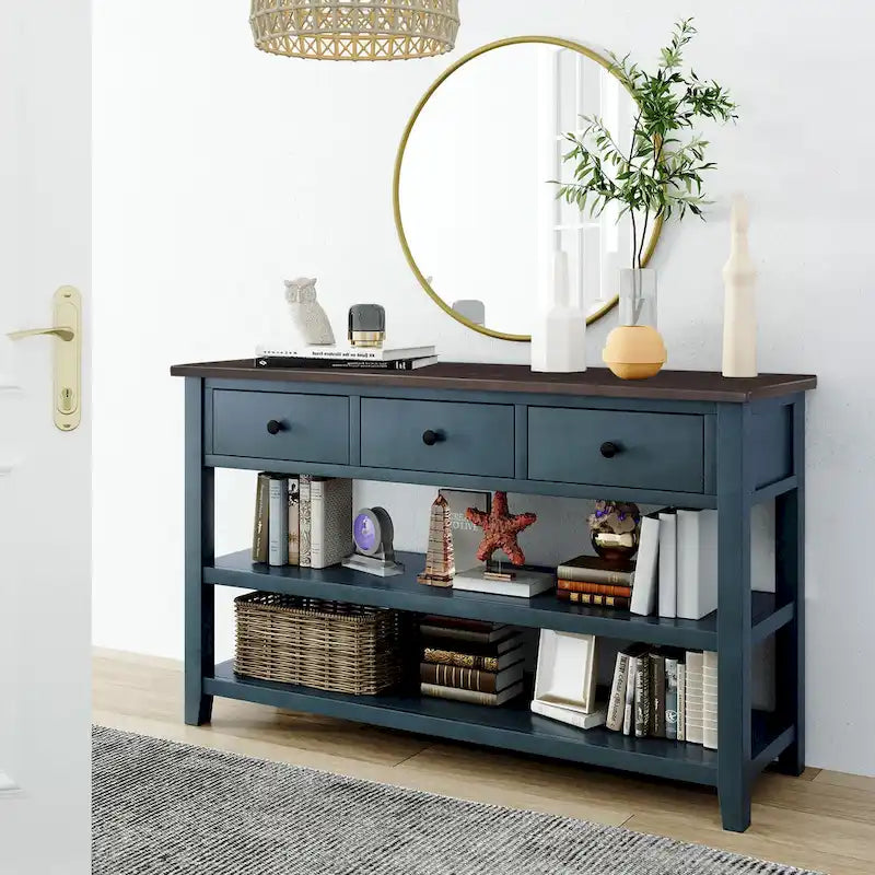 Consolle di metà secolo bianco antico/blu scuro con 3 cassetti e 2 ripiani, struttura in pino, per uso singolo