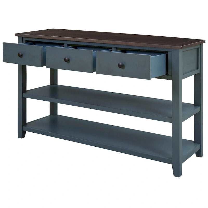 Consolle di metà secolo bianco antico/blu scuro con 3 cassetti e 2 ripiani, struttura in pino, per uso singolo