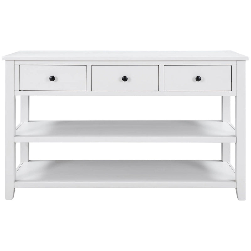 Consolle di metà secolo bianco antico/blu scuro con 3 cassetti e 2 ripiani, struttura in pino, per uso singolo