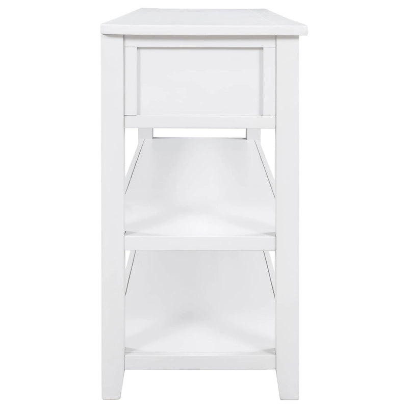 Consolle di metà secolo bianco antico/blu scuro con 3 cassetti e 2 ripiani, struttura in pino, per uso singolo