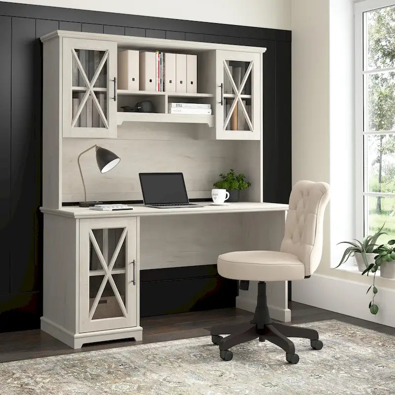 Scrivania da fattoria in rovere bianco lino con credenza e mobile contenitore, 1 persona