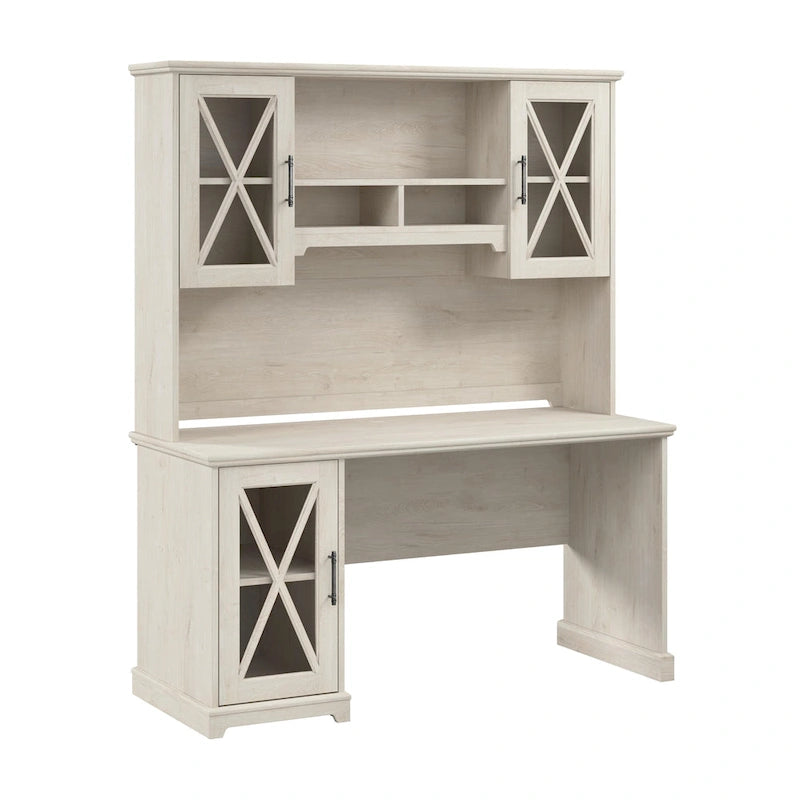 Scrivania da fattoria in rovere bianco lino con credenza e mobile contenitore, 1 persona