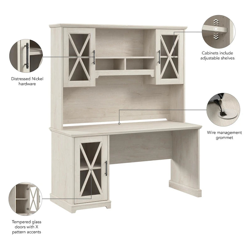 Scrivania da fattoria in rovere bianco lino con credenza e mobile contenitore, 1 persona