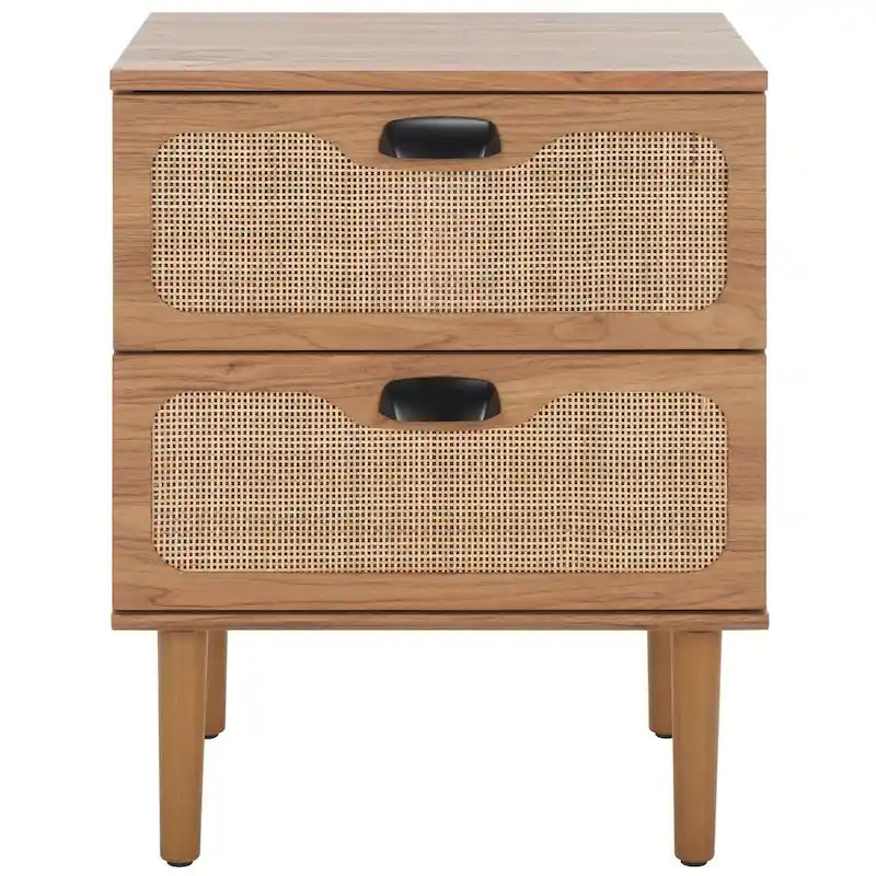 Comodino a 2 cassetti con rete in rattan rovere/nero/noce – Singolo