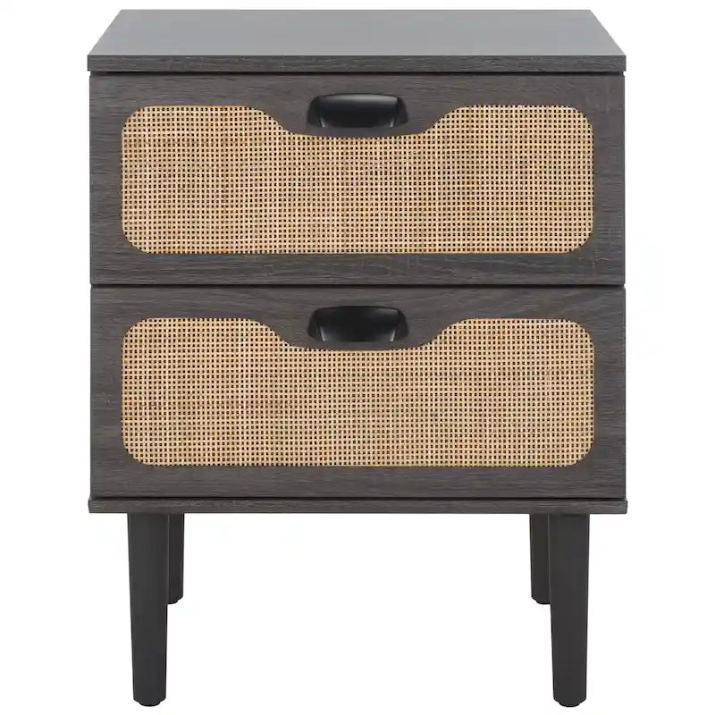 Comodino a 2 cassetti con rete in rattan rovere/nero/noce – Singolo
