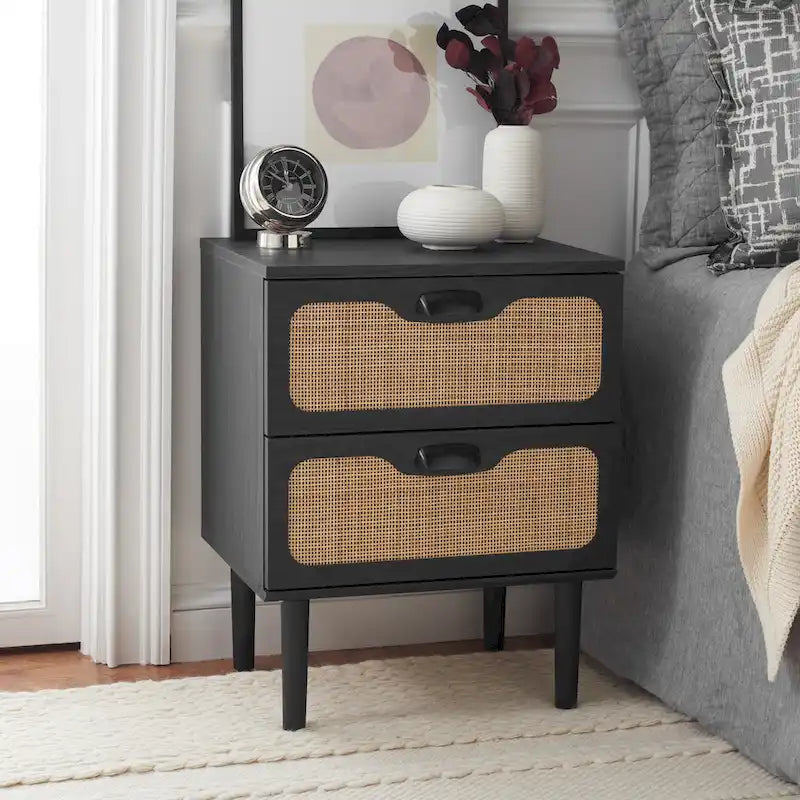 Comodino a 2 cassetti con rete in rattan rovere/nero/noce – Singolo