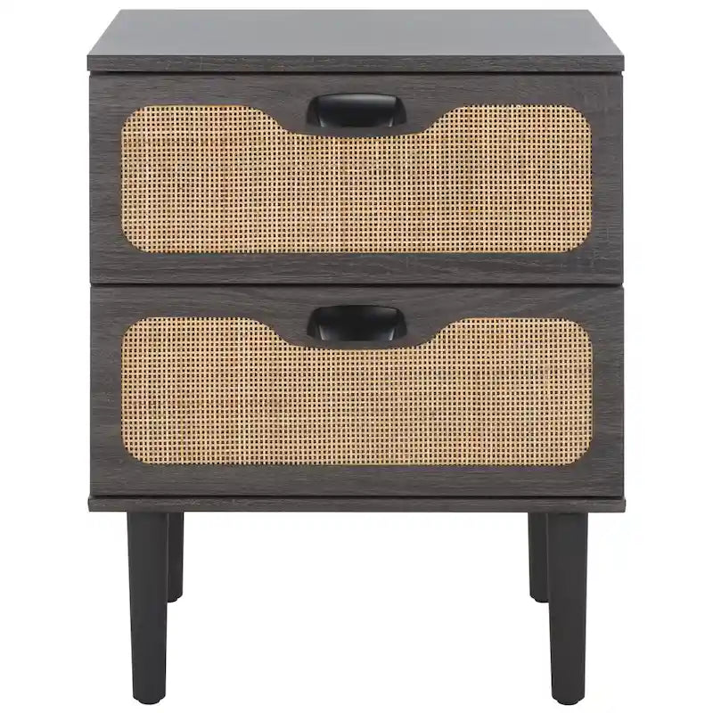 Comodino a 2 cassetti con rete in rattan rovere/nero/noce – Singolo