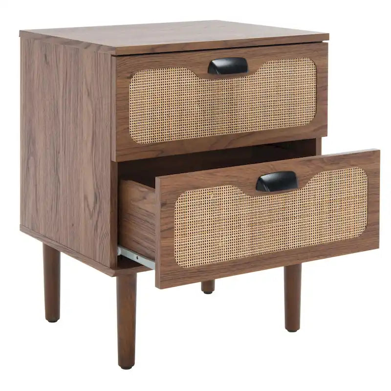 Comodino a 2 cassetti con rete in rattan rovere/nero/noce – Singolo