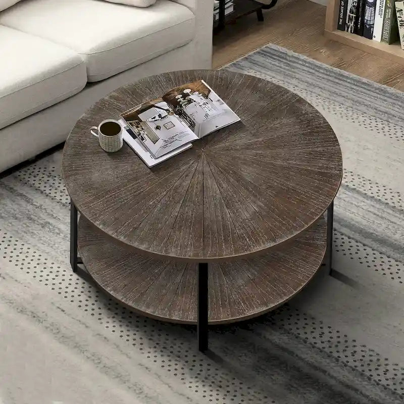 Tavolino rotondo grigio antico, 2 ripiani, gambe incrociate, 80 cm