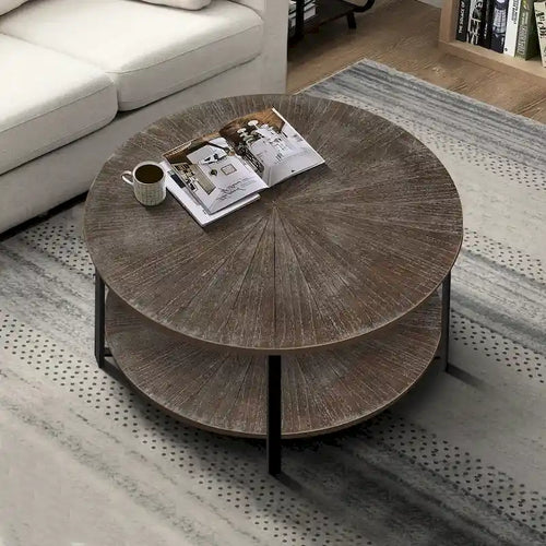 Tavolino rotondo grigio antico, 2 ripiani, gambe incrociate, 80 cm