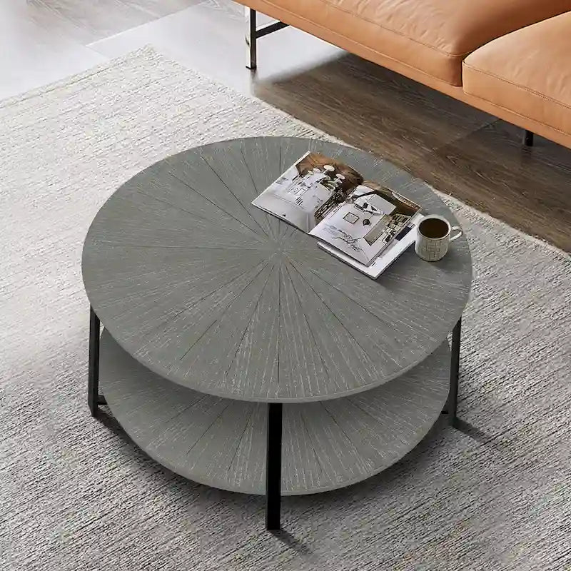 Tavolino rotondo grigio antico, 2 ripiani, gambe incrociate, 80 cm
