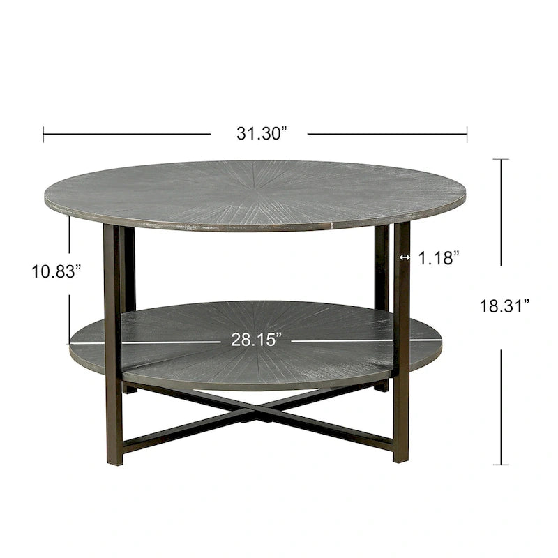Tavolino rotondo grigio antico, 2 ripiani, gambe incrociate, 80 cm