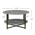 Tavolino rotondo grigio antico, 2 ripiani, gambe incrociate, 80 cm