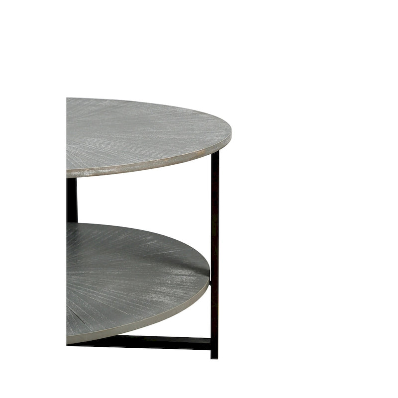 Tavolino rotondo grigio antico, 2 ripiani, gambe incrociate, 80 cm