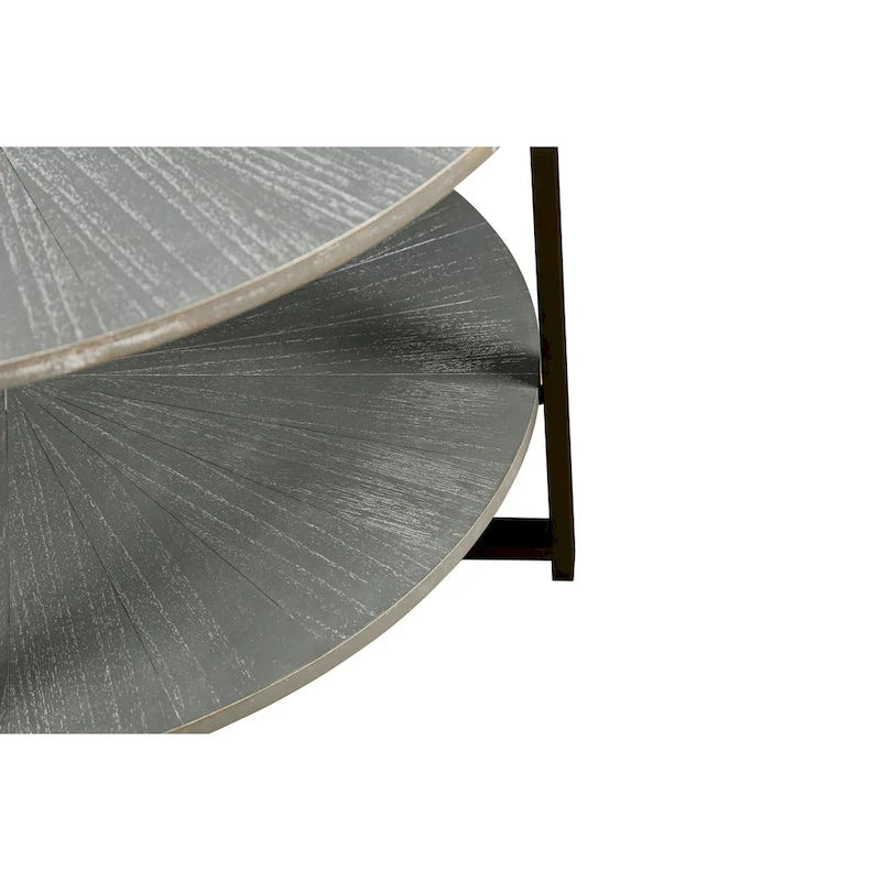 Tavolino rotondo grigio antico, 2 ripiani, gambe incrociate, 80 cm