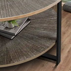 Tavolino rotondo grigio antico, 2 ripiani, gambe incrociate, 80 cm