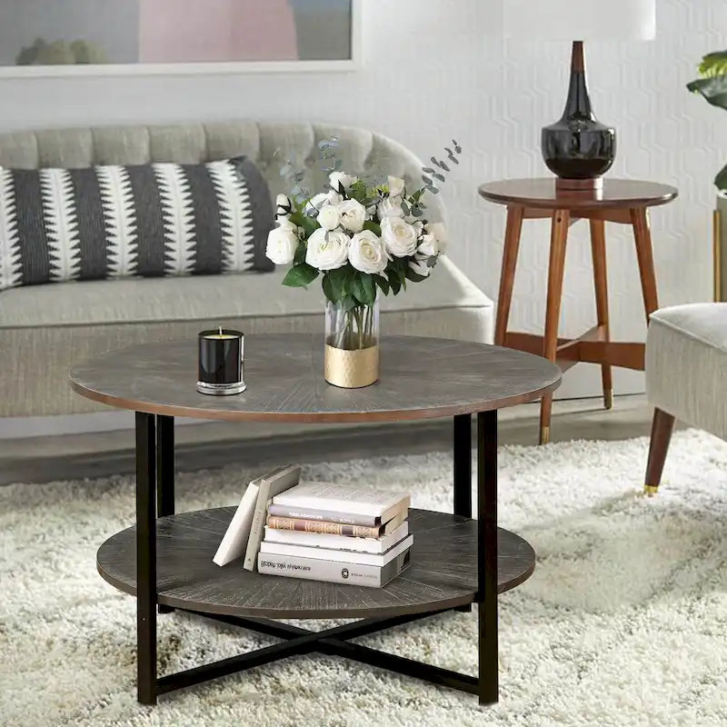 Tavolino rotondo grigio antico, 2 ripiani, gambe incrociate, 80 cm