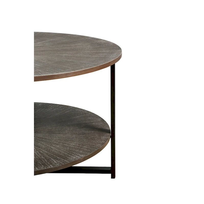 Tavolino rotondo grigio antico, 2 ripiani, gambe incrociate, 80 cm