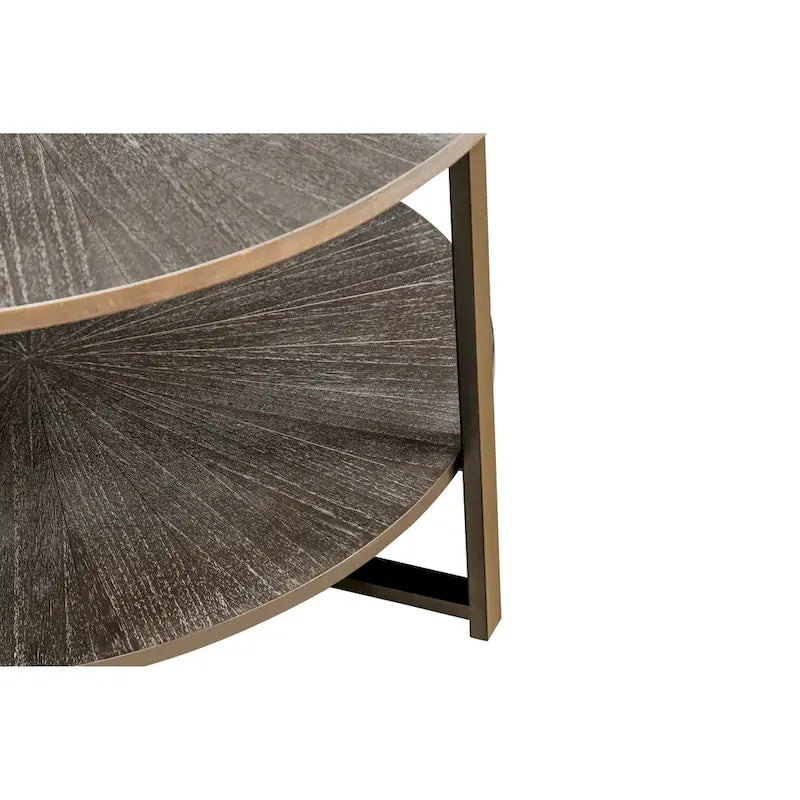 Tavolino rotondo grigio antico, 2 ripiani, gambe incrociate, 80 cm