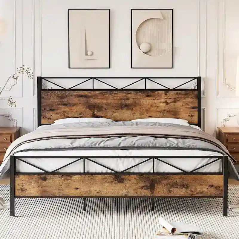 Struttura letto industriale marrone / grigio chiaro con testiera, 1–2 persone, matrimoniale francese / matrimoniale standard / king size