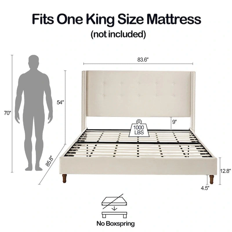 Letto king size imbottito color avorio con testiera a tutta altezza e bottoni, 1 posto letto