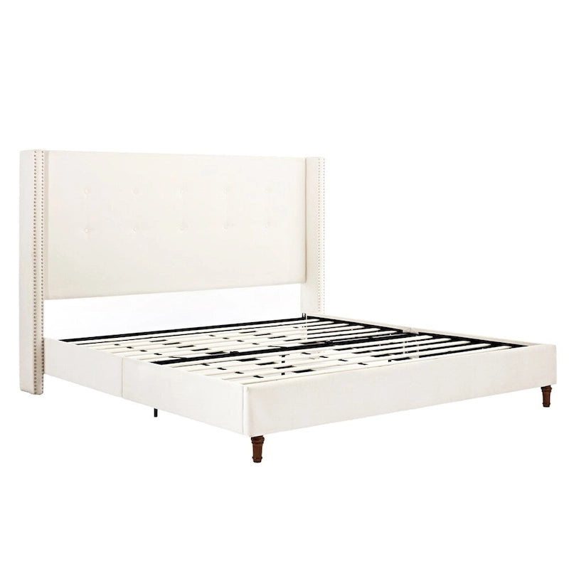 Letto king size imbottito color avorio con testiera a tutta altezza e bottoni, 1 posto letto