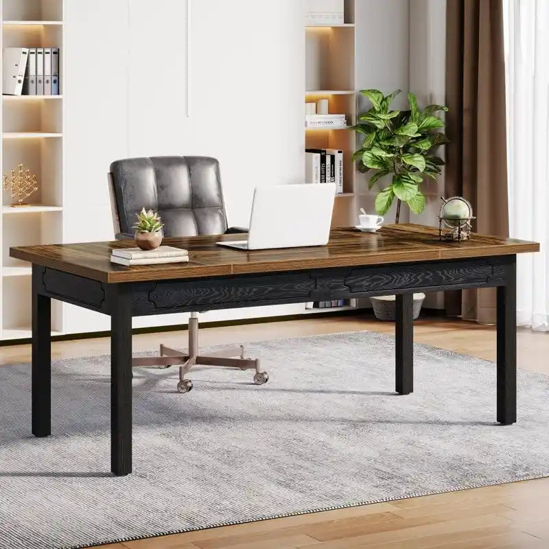 Scrivania per computer industriale, marrone e nera, per 2 persone, 160 cm