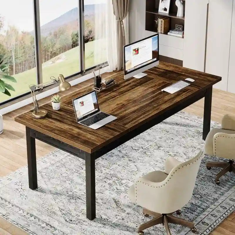 Scrivania per computer industriale, marrone e nera, per 2 persone, 160 cm