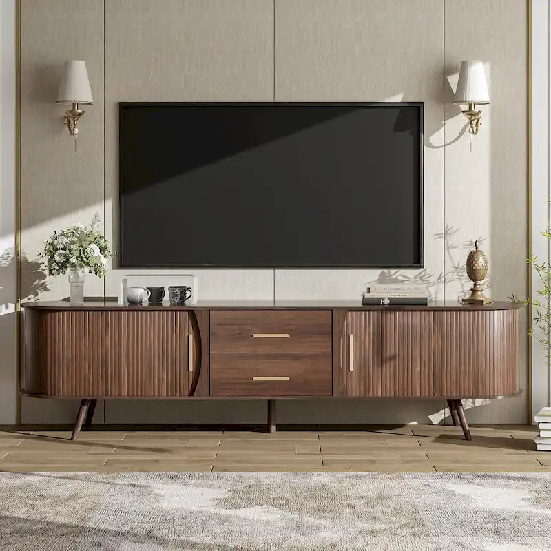 Mobile porta TV moderno di metà secolo marrone scuro/marrone, assemblaggio per 2 persone, adatto a TV fino a 80"