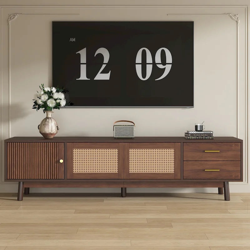Mobile porta TV moderno di metà secolo marrone scuro/marrone, assemblaggio per 2 persone, adatto a TV fino a 80"