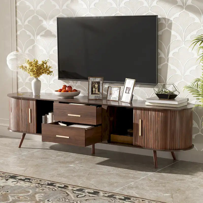Mobile porta TV moderno di metà secolo marrone scuro/marrone, assemblaggio per 2 persone, adatto a TV fino a 80"