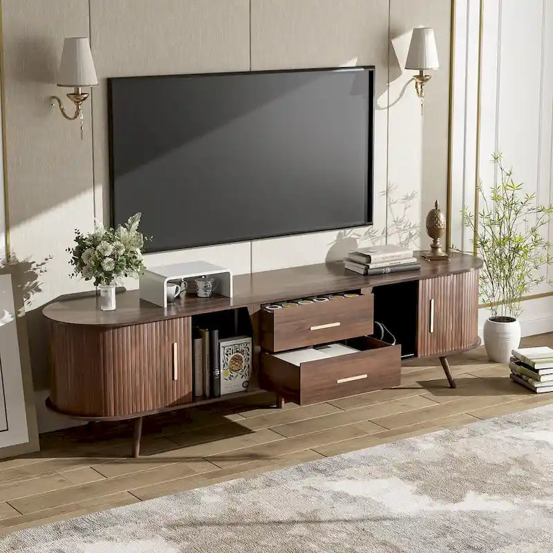 Mobile porta TV moderno di metà secolo marrone scuro/marrone, assemblaggio per 2 persone, adatto a TV fino a 80"
