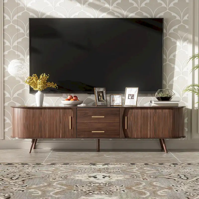 Mobile porta TV moderno di metà secolo marrone scuro/marrone, assemblaggio per 2 persone, adatto a TV fino a 80"