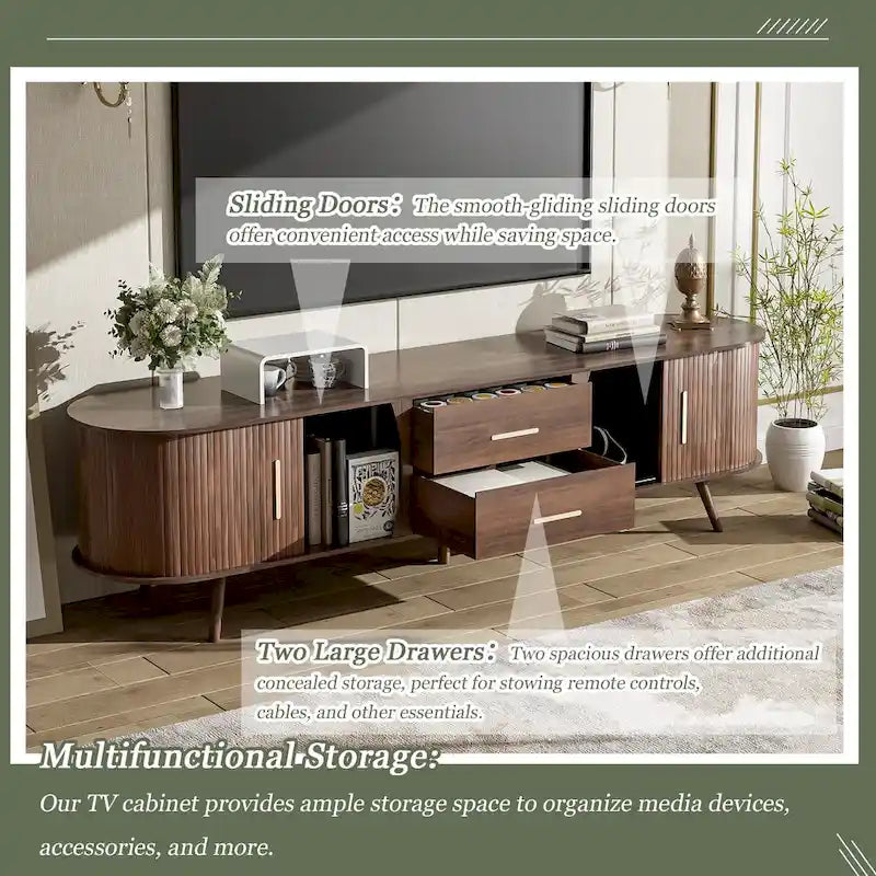 Mobile porta TV moderno di metà secolo marrone scuro/marrone, assemblaggio per 2 persone, adatto a TV fino a 80"