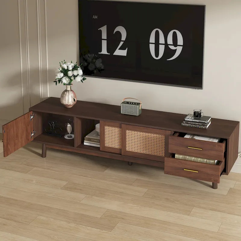Mobile porta TV moderno di metà secolo marrone scuro/marrone, assemblaggio per 2 persone, adatto a TV fino a 80"