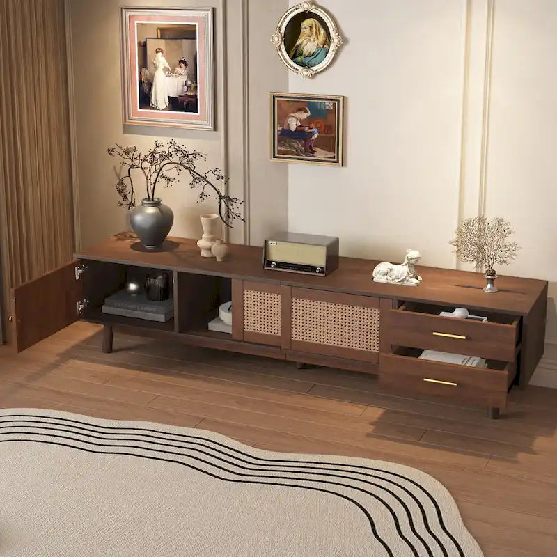 Mobile porta TV moderno di metà secolo marrone scuro/marrone, assemblaggio per 2 persone, adatto a TV fino a 80"